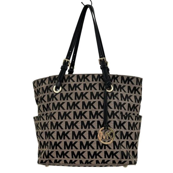 Michael Kors Jet Set Black & Tan Monogram Signature MK Tote Bag - Picture 2 of 16